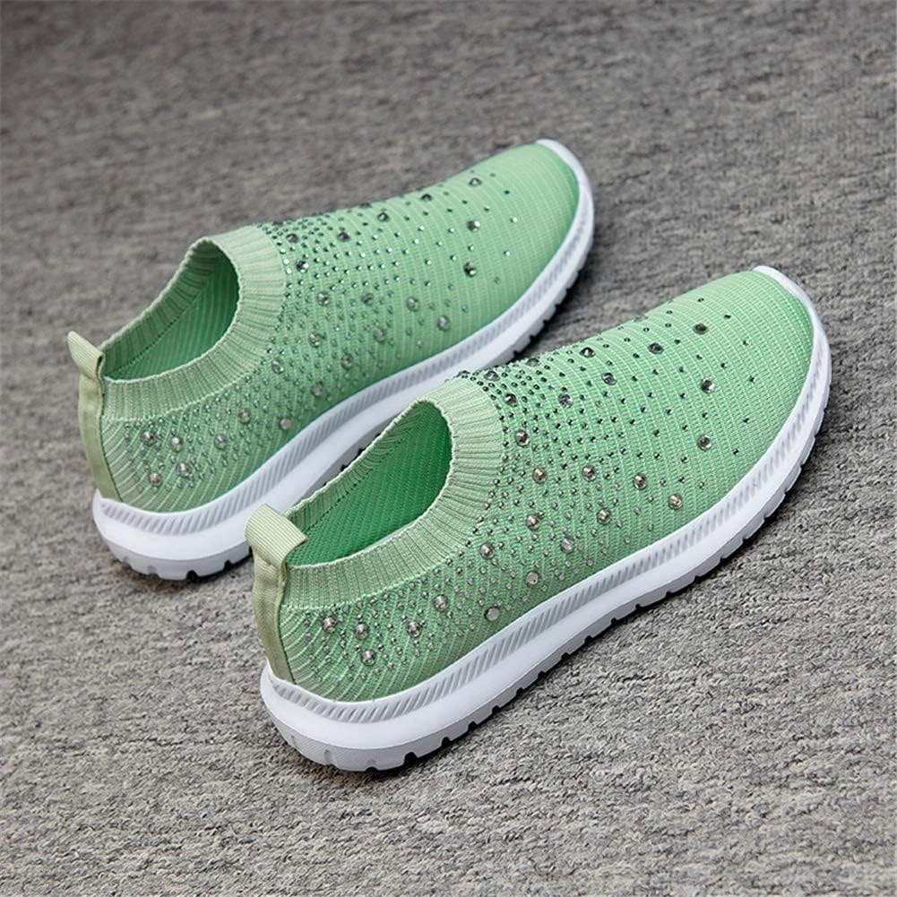 HINDOLA Women's Mesh Walking Shoes Rhinestone Glitter Slip On Ballroom Jazz Latin Dance Sock Sneakers Casual Shoes