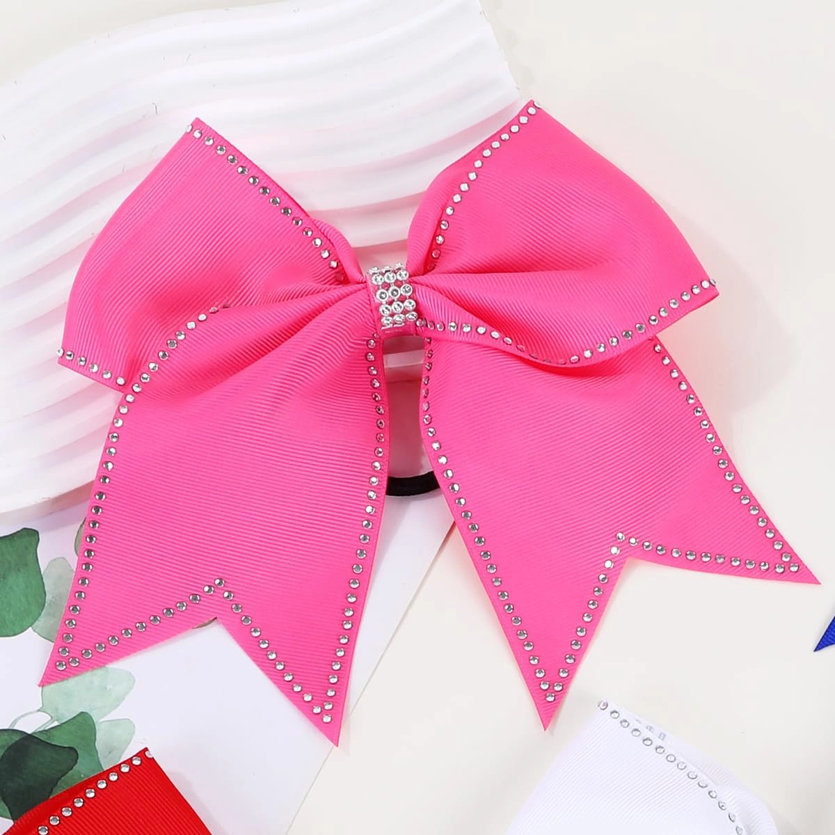Hipcheer Large Rhinestones Cheer Hair Bows,12 PCS Glitter 7" Cheer Bows Ponytail Holder Girls Hair Bows for Cheerleaders Girls Softball Sports Competition (Hot Pink)