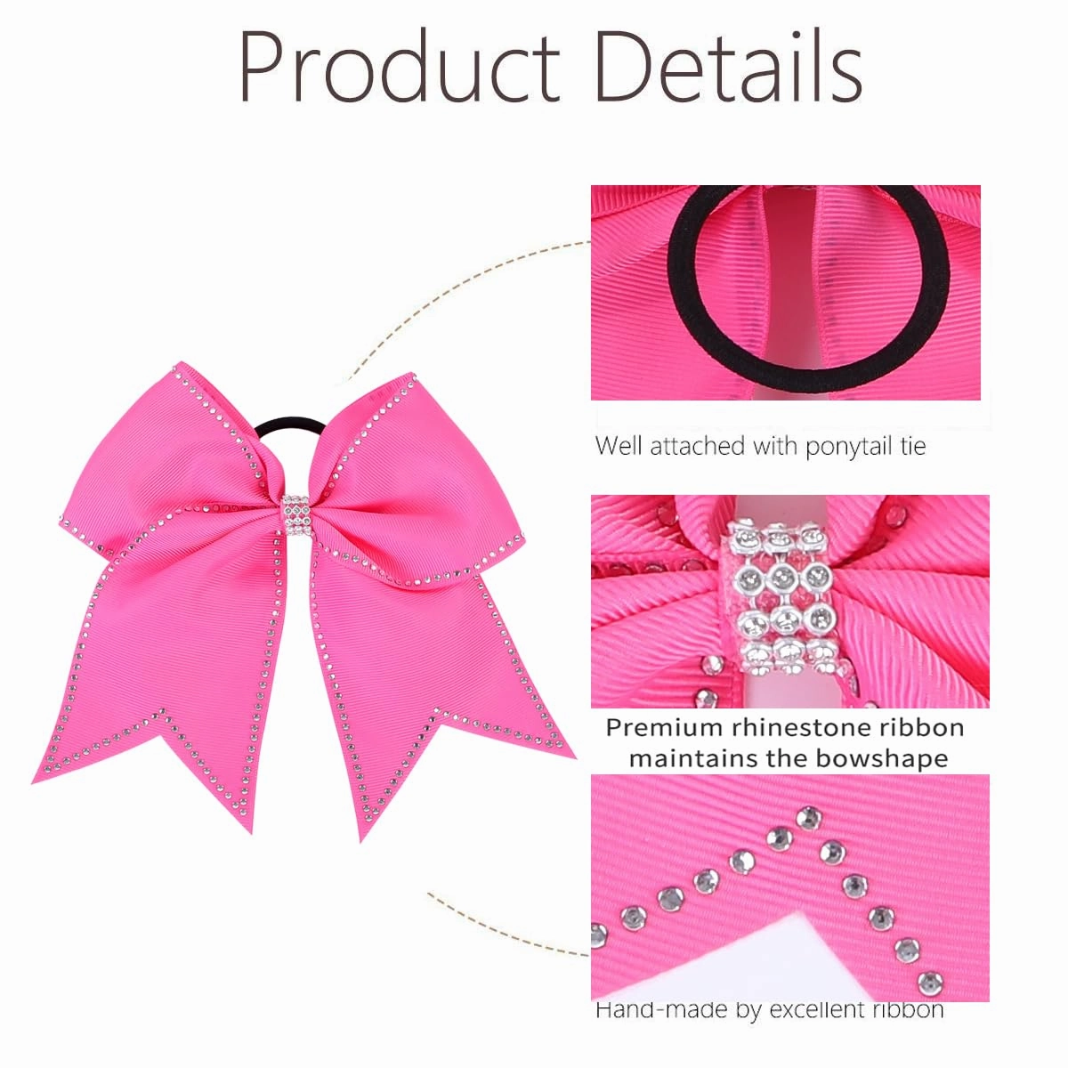 Hipcheer Large Rhinestones Cheer Hair Bows,12 PCS Glitter 7" Cheer Bows Ponytail Holder Girls Hair Bows for Cheerleaders Girls Softball Sports Competition (Hot Pink)