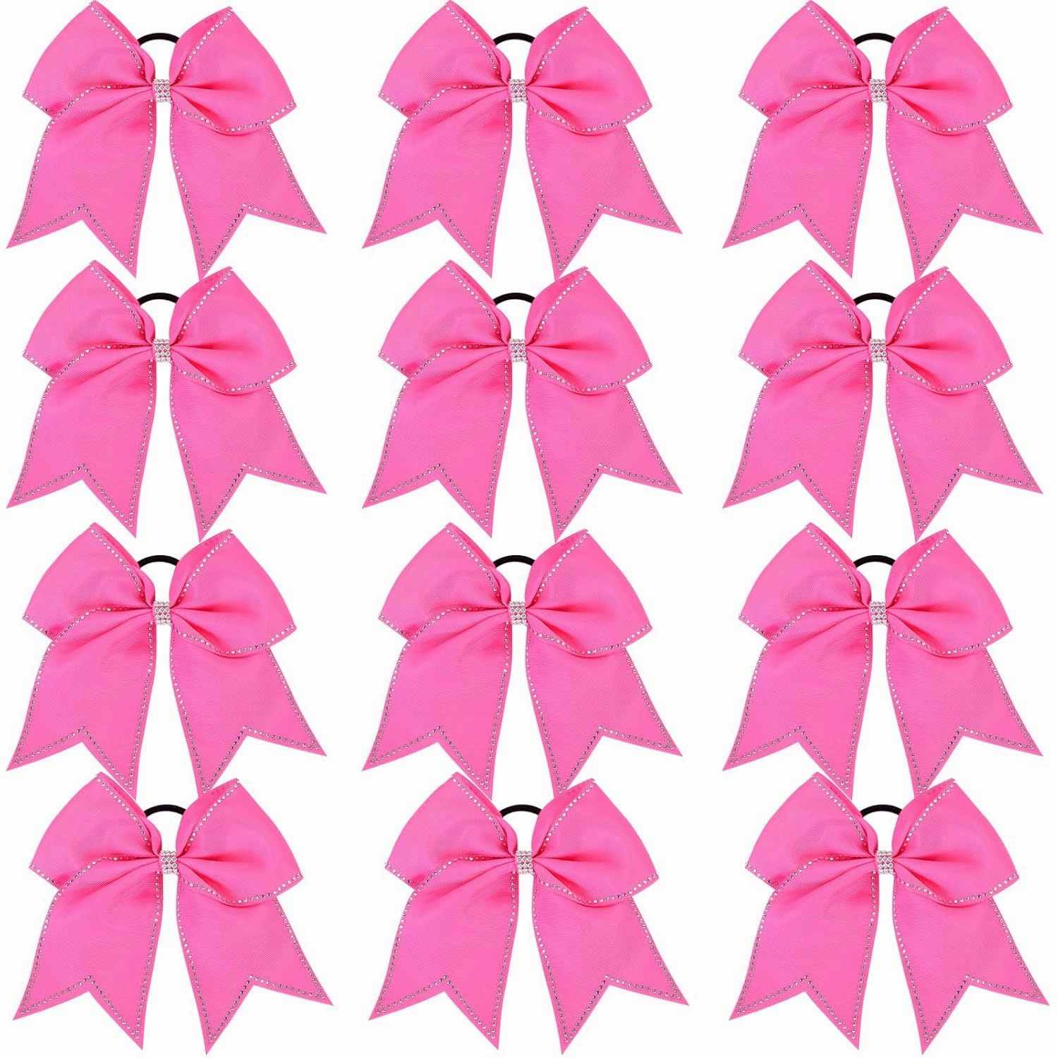 Hipcheer Large Rhinestones Cheer Hair Bows,12 PCS Glitter 7" Cheer Bows Ponytail Holder Girls Hair Bows for Cheerleaders Girls Softball Sports Competition (Hot Pink)
