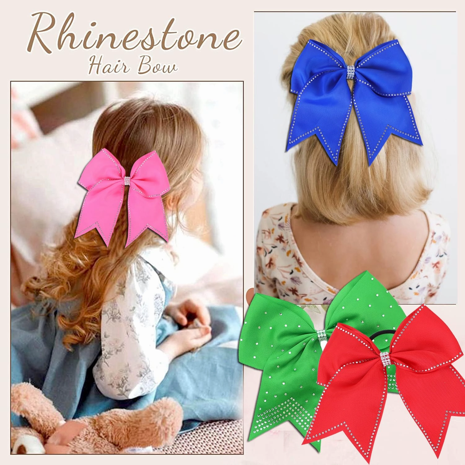 Hipcheer Large Rhinestones Cheer Hair Bows,12 PCS Glitter 7" Cheer Bows Ponytail Holder Girls Hair Bows for Cheerleaders Girls Softball Sports Competition (Hot Pink)