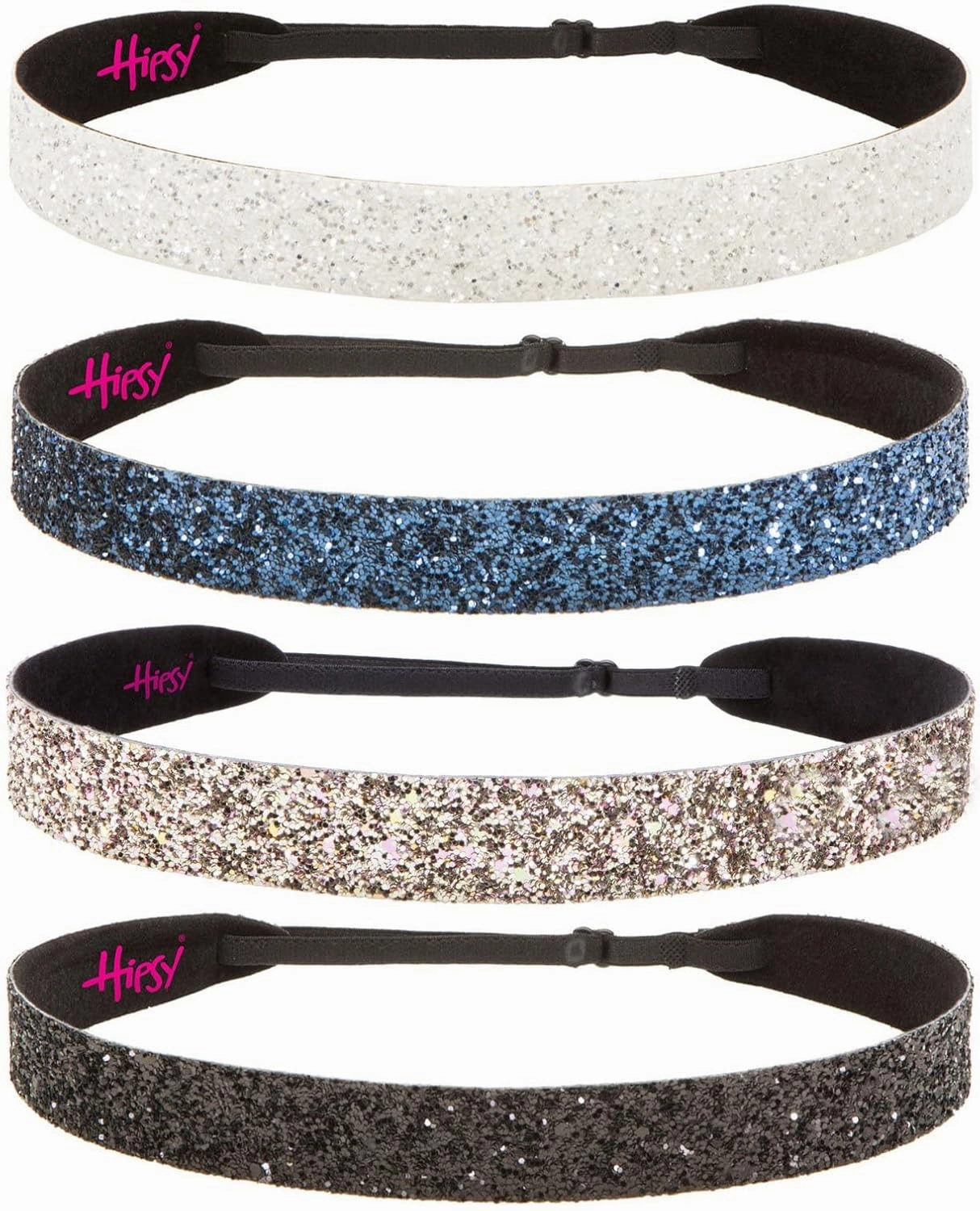 Hipsy Adjustable No Slip Wide Bling Glitter Headband 4-packs for Women Girls & Teens (Black/Rose Gold/Navy/White)