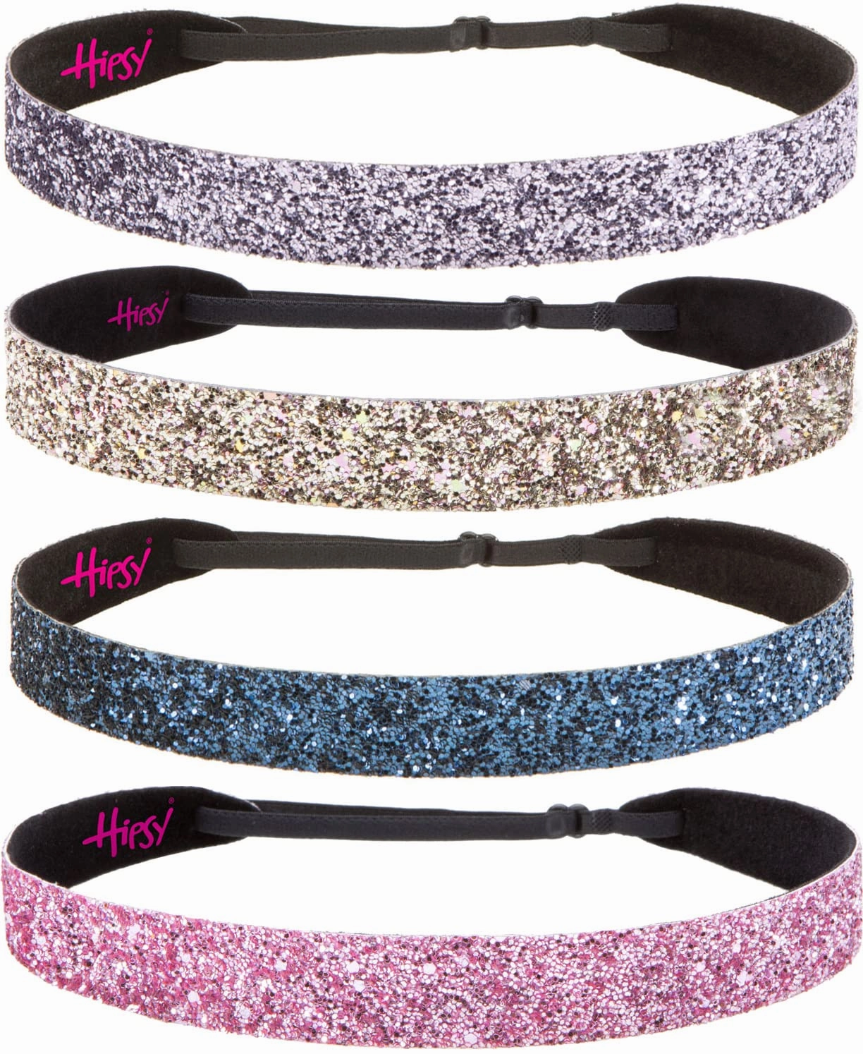 Hipsy Adjustable No Slip Wide Bling Glitter Headband 4-packs for Women Girls & Teens (Light Pink/Navy/Rose Gold/Gunmetal)