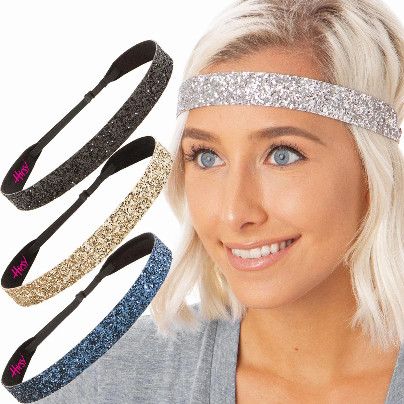 Hipsy Adjustable No Slip Wide Bling Glitter Headband 4-packs for Women Girls & Teens (Navy Blue/Gold/Black/Silver)
