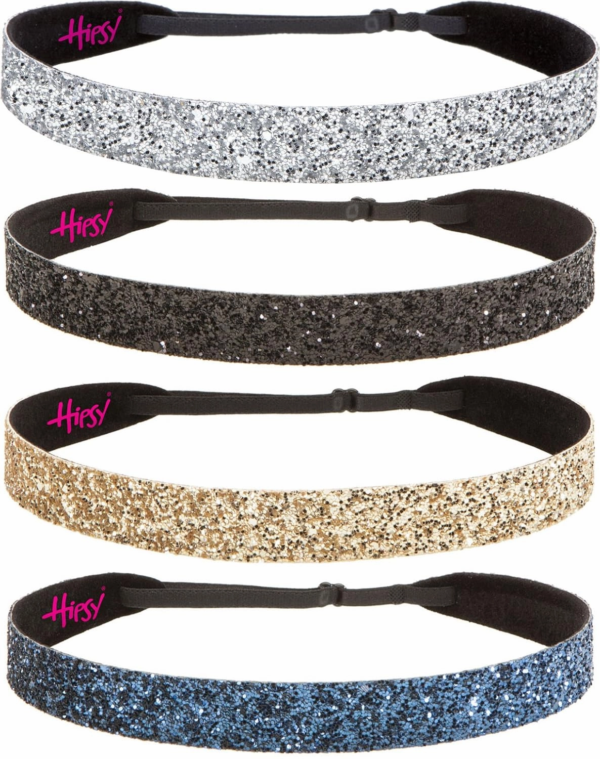 Hipsy Adjustable No Slip Wide Bling Glitter Headband 4-packs for Women Girls & Teens (Navy Blue/Gold/Black/Silver)