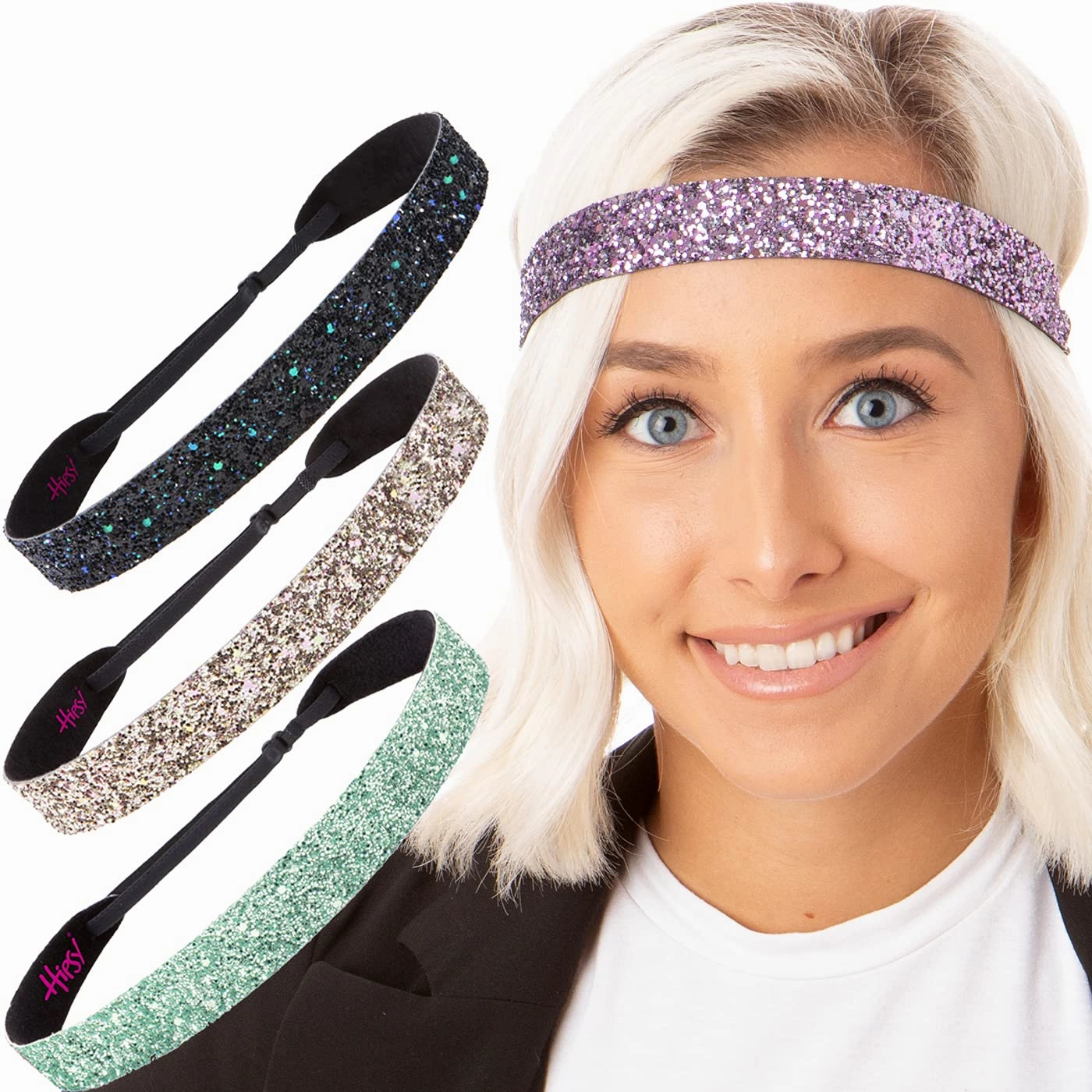 Hipsy Adjustable No Slip Wide Bling Glitter Headband 4-packs for Women Girls & Teens (Seafoam/Rose Gold/Peacock/Princess)