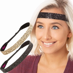 Hipsy Adjustable Non Slip Bling Glitter Headbands for Women Girls & Teens 2-Pack (Wide Black & Gold)