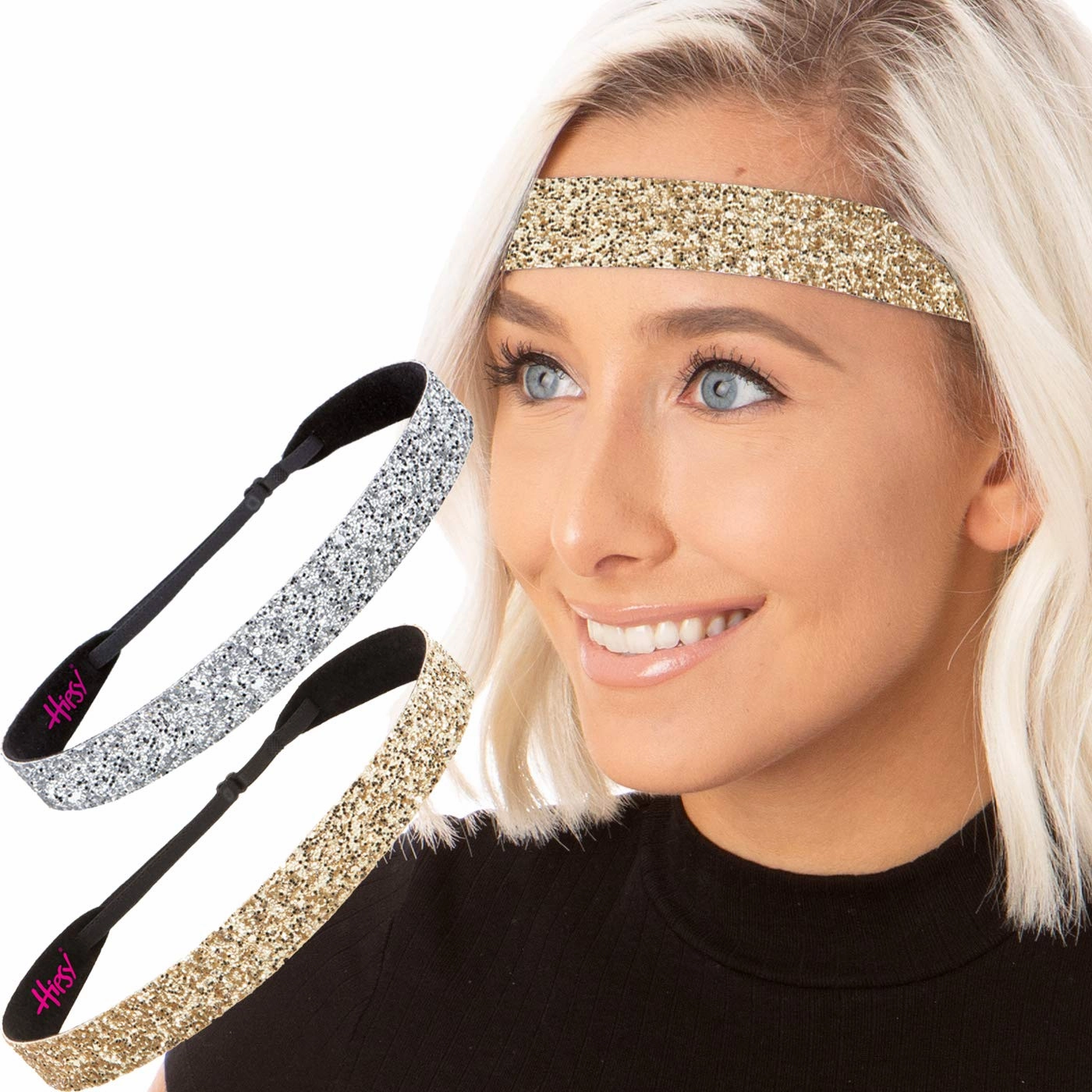 Hipsy Adjustable Non Slip Bling Glitter Headbands for Women Girls & Teens 2-Pack (Wide Silver & Gold)