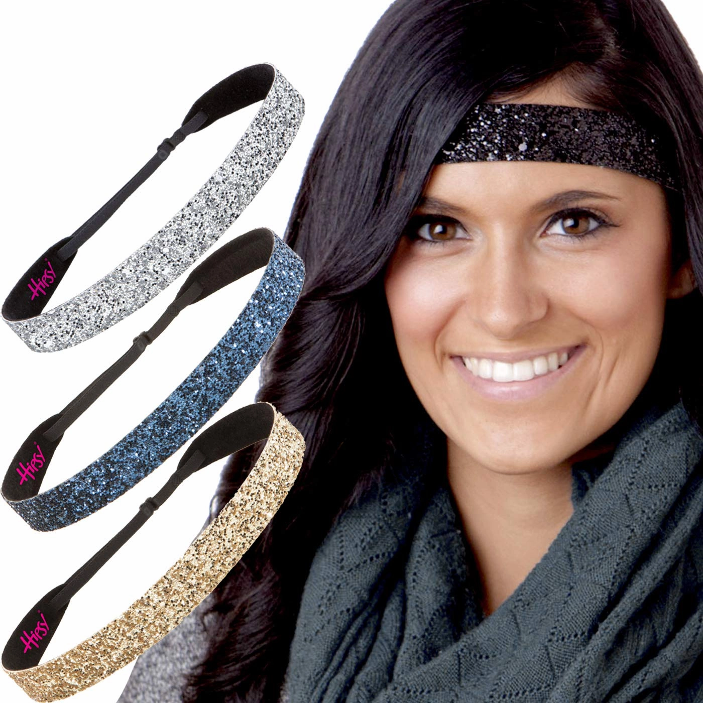 Hipsy Adjustable Non Slip Wide Bling Glitter Headbands for Women Girls & Teens 4-Pack (Black/Silver/Navy/Gold 4pk)