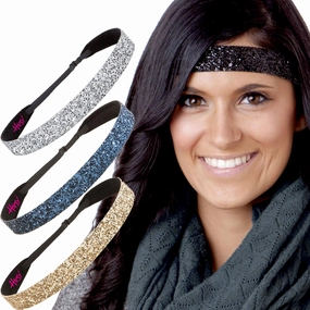 Hipsy Adjustable Non Slip Wide Bling Glitter Headbands for Women Girls & Teens 4-Pack (Black/Silver/Navy/Gold 4pk)