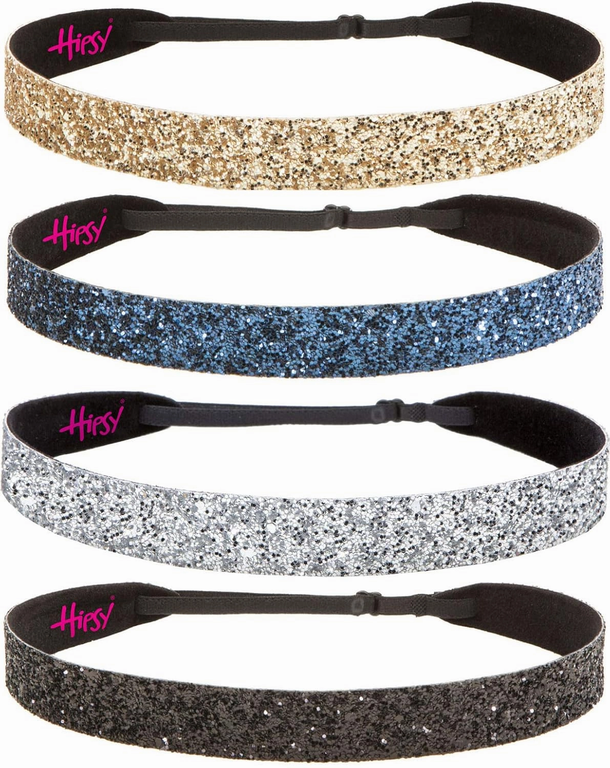Hipsy Adjustable Non Slip Wide Bling Glitter Headbands for Women Girls & Teens 4-Pack (Black/Silver/Navy/Gold 4pk)
