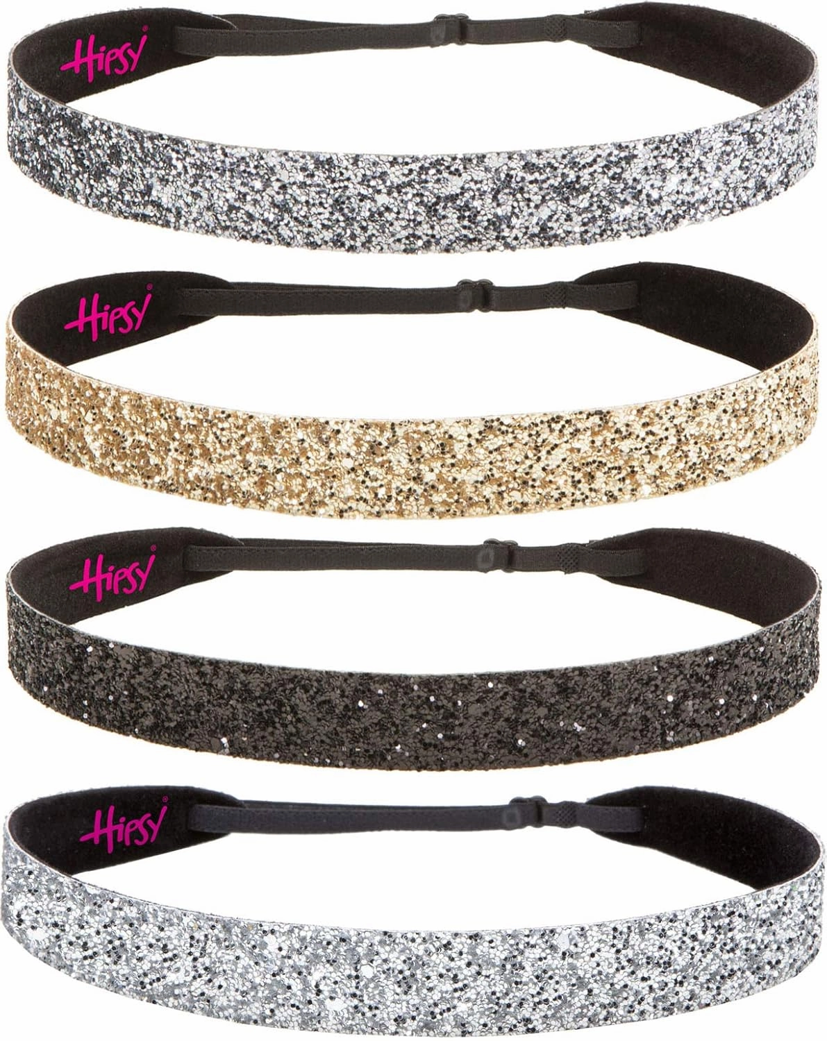 Hipsy Adjustable Non Slip Wide Bling Glitter Headbands for Women Girls & Teens 4-Pack (Silver/Black/Gold/Gunmetal 4pk)