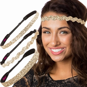 Hipsy PETITE Size, Adjustable No Slip Sparkly Bling Mixed 3pk Headbands for Women Girls & Teens (Bling Glitter Mixed Gold)