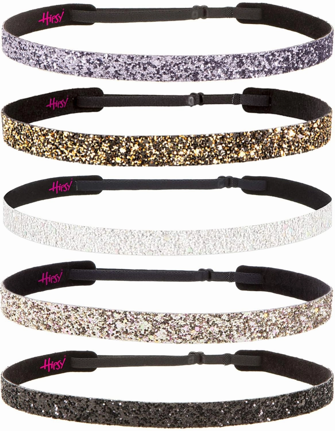 Hipsy PLUS Size, Adjustable No Slip Sparkly Bling Glitter Skinny 5pk Headbands for Women Girls & Teens (Skinny Black/Rose Gold/Pearl/Gunmetal/Diva)