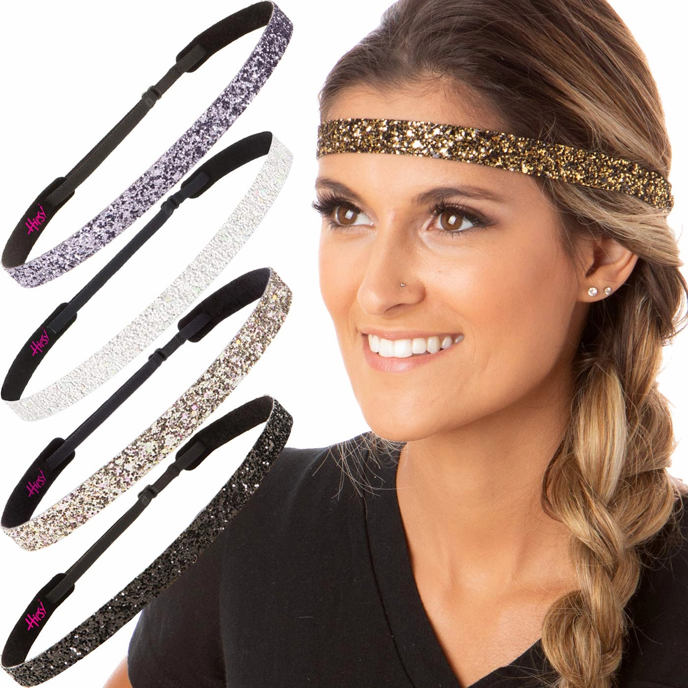 Hipsy PLUS Size, Adjustable No Slip Sparkly Bling Glitter Skinny 5pk Headbands for Women Girls & Teens (Skinny Black/Rose Gold/Pearl/Gunmetal/Diva)