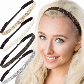 Hipsy PLUS Size, Adjustable No Slip Sparkly Bling Glitter Skinny 5pk Headbands for Women Girls & Teens (Skinny Black/Silver/Brown/White/Gold)