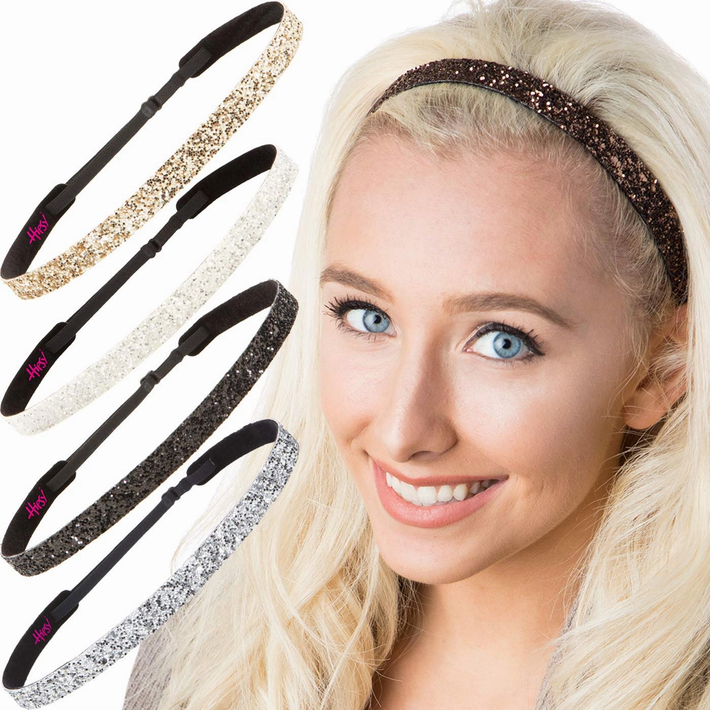 Hipsy PLUS Size, Adjustable No Slip Sparkly Bling Glitter Skinny 5pk Headbands for Women Girls & Teens (Skinny Black/Silver/Brown/White/Gold)