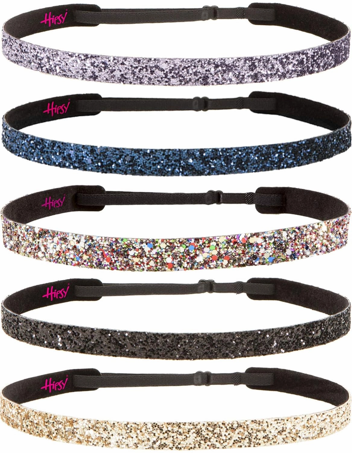 Hipsy PLUS Size, Adjustable No Slip Sparkly Bling Glitter Skinny 5pk Headbands for Women Girls & Teens (Skinny Gold/Black/Confetti/Navy/Gunmetal)