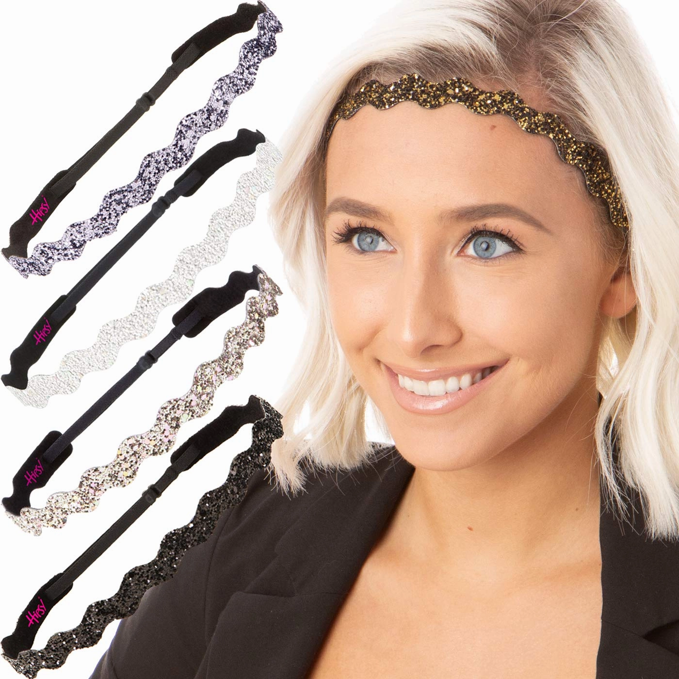 Hipsy Plus Size, Adjustable No Slip Sparkly Bling Glitter Wave 5pk Headbands for Women Girls & Teens (Wave Black/Rose Gold/Pearl/Gunmetal/Diva)
