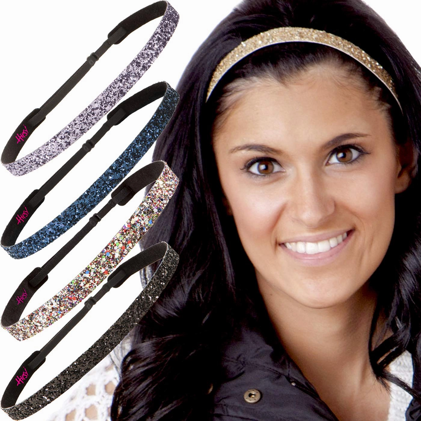 Hipsy REGULAR Size, Adjustable No Slip Sparkly Bling Glitter Skinny 5pk Headbands for Women Girls & Teens (Skinny Gold/Black/Confetti/Navy/Gunmetal)