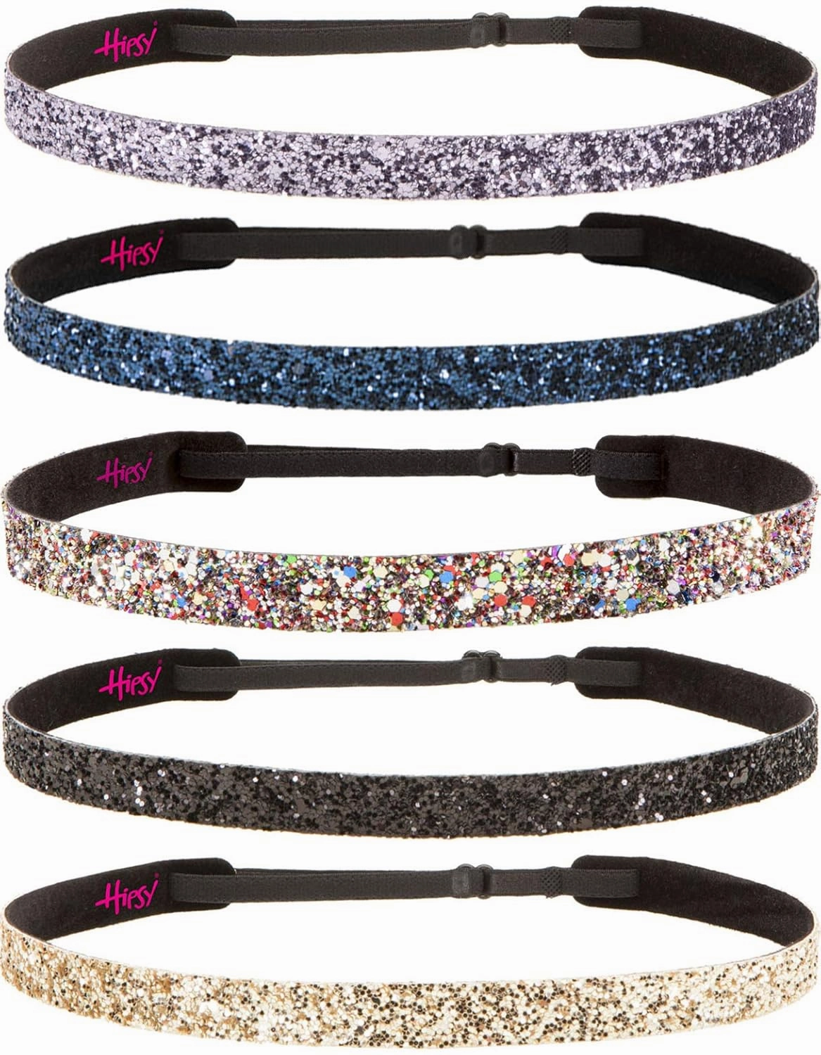 Hipsy REGULAR Size, Adjustable No Slip Sparkly Bling Glitter Skinny 5pk Headbands for Women Girls & Teens (Skinny Gold/Black/Confetti/Navy/Gunmetal)