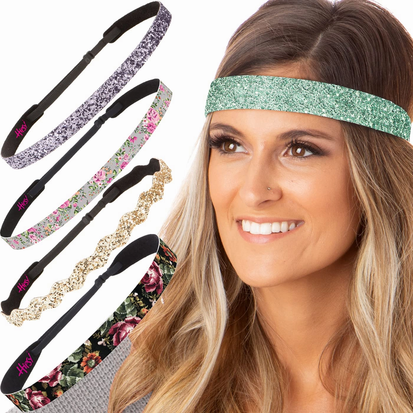 Hipsy Women's Adjustable No Slip Classy Headband Multi 5-Pack (Seafoam/Floral/Gold/Floral/Gunmetal)