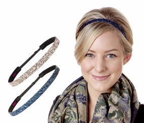 Hipsy Women's Adjustable Non Slip Bling Glitter Skinny Cute Headband 2-pack (Skinny Navy & Rose Gold 2pk)