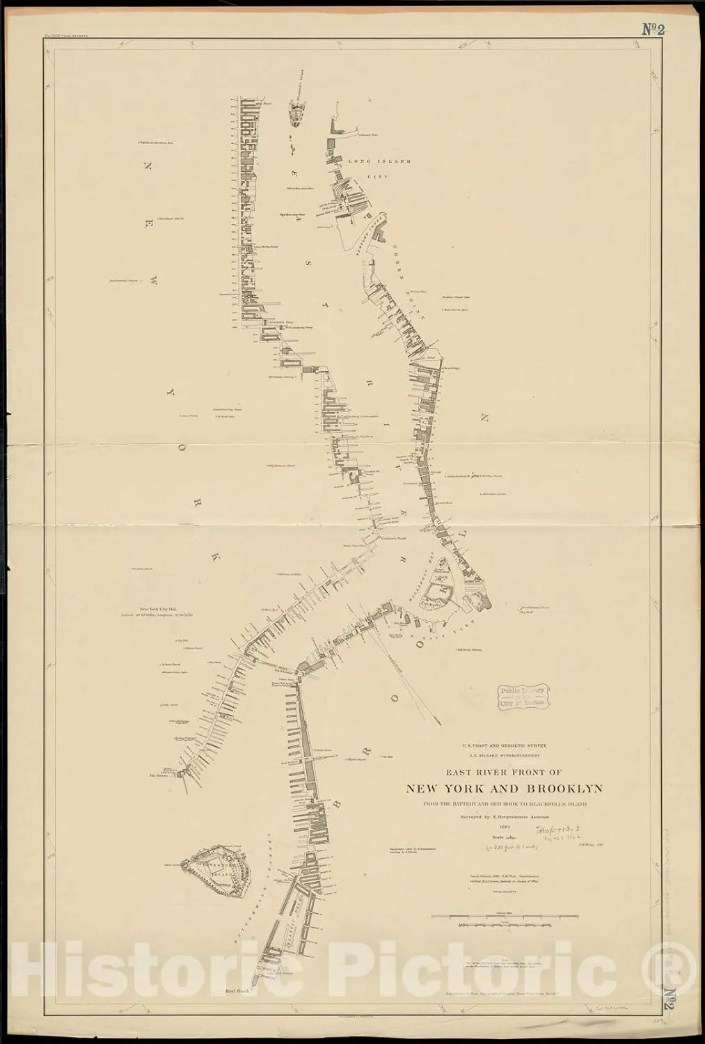 Historical Map, 1886 East River Front of New York and Brooklyn from The Battery and Red Hook to Blackwell's Island, Vintage Wall Art : 30in x 44in