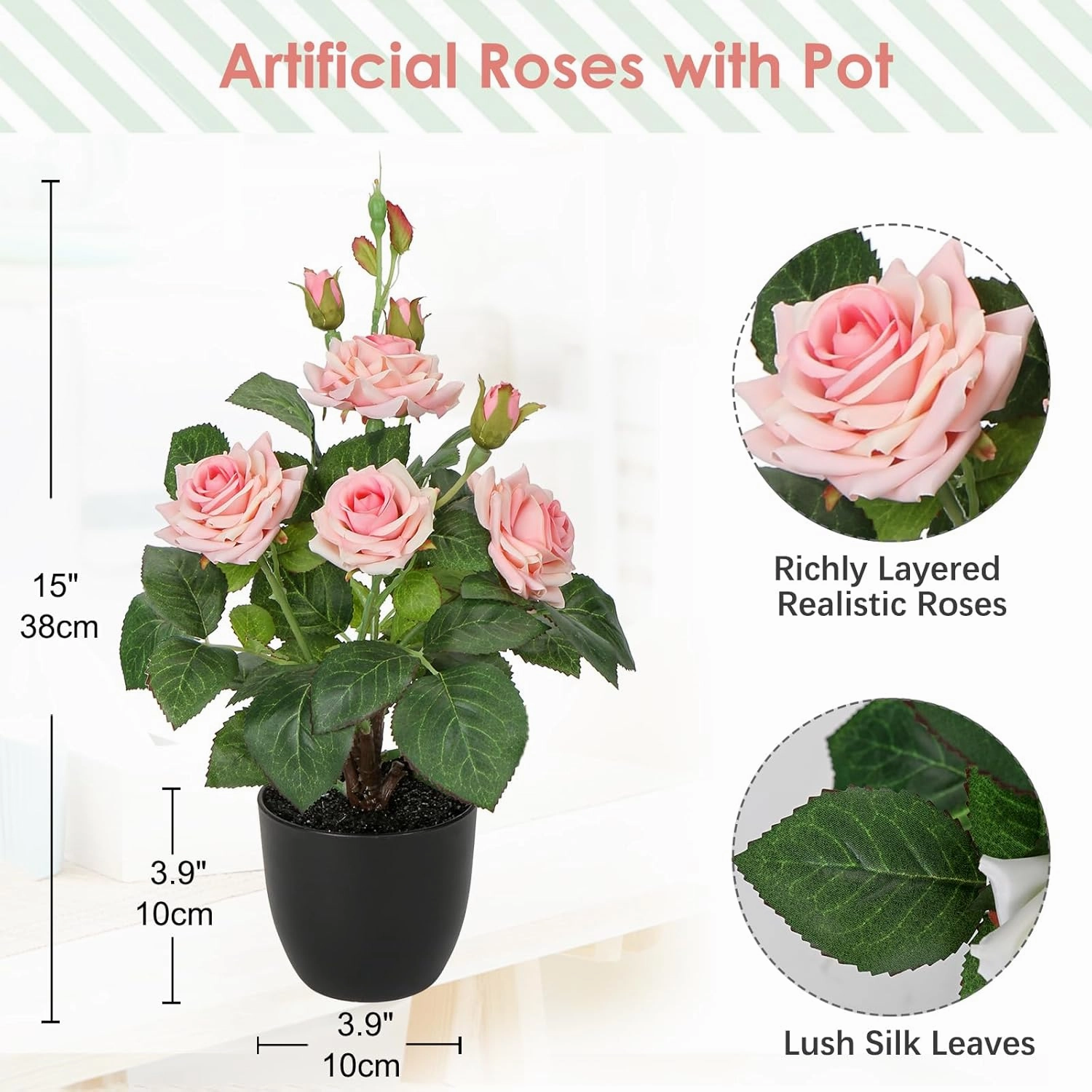 Hollyone Artificial Plants & Flowers in Vase Pink Roses Artificial Flowers Potted Plant Faux Silk Flower with Pot Fake Rose Flower Arrangement Home Decor Office Bathroom Shelf Desk Decoration 15 Inch