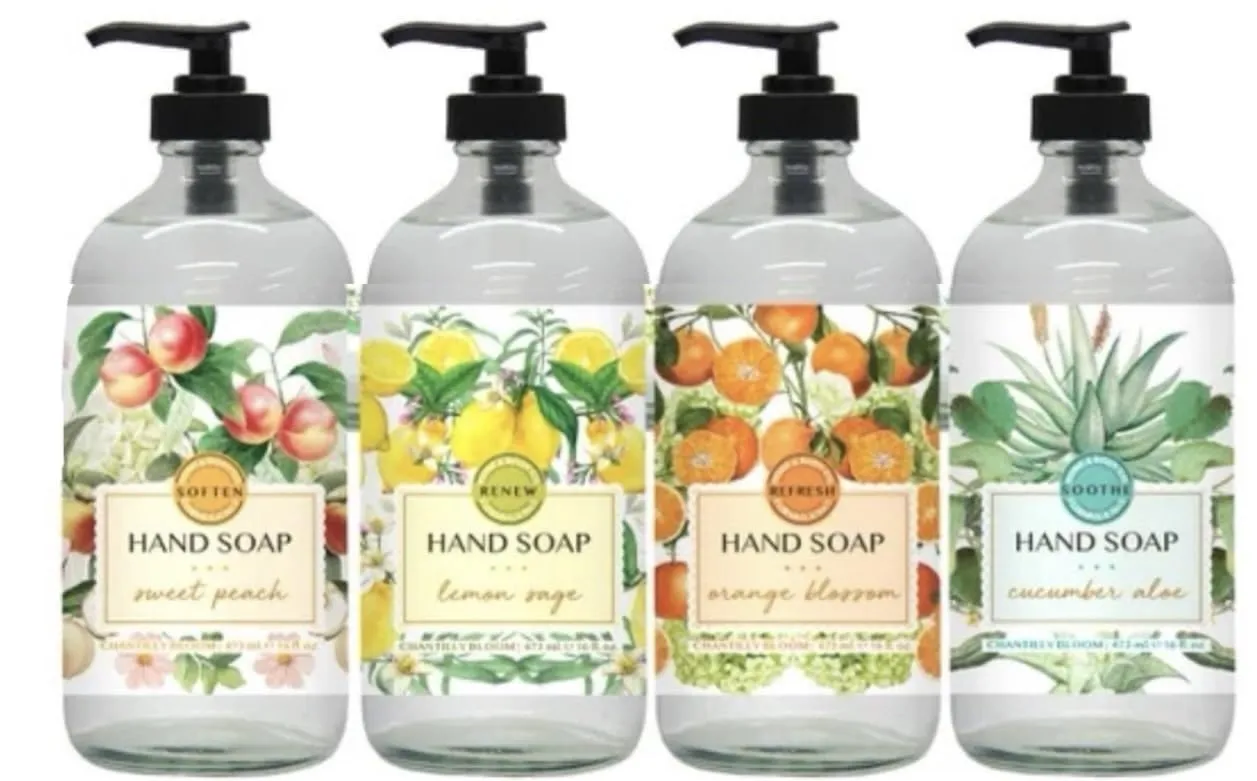 Home and Body Company | Chantilly Bloom | 4 x16 fl oz | Hand Soap Set | Fragrances: Sweet Peach, Lemon Sage, Orange Blossom, Cucumber Aloe | Hand Wash Ultra Moisturizing Formula in Glass Bottles |