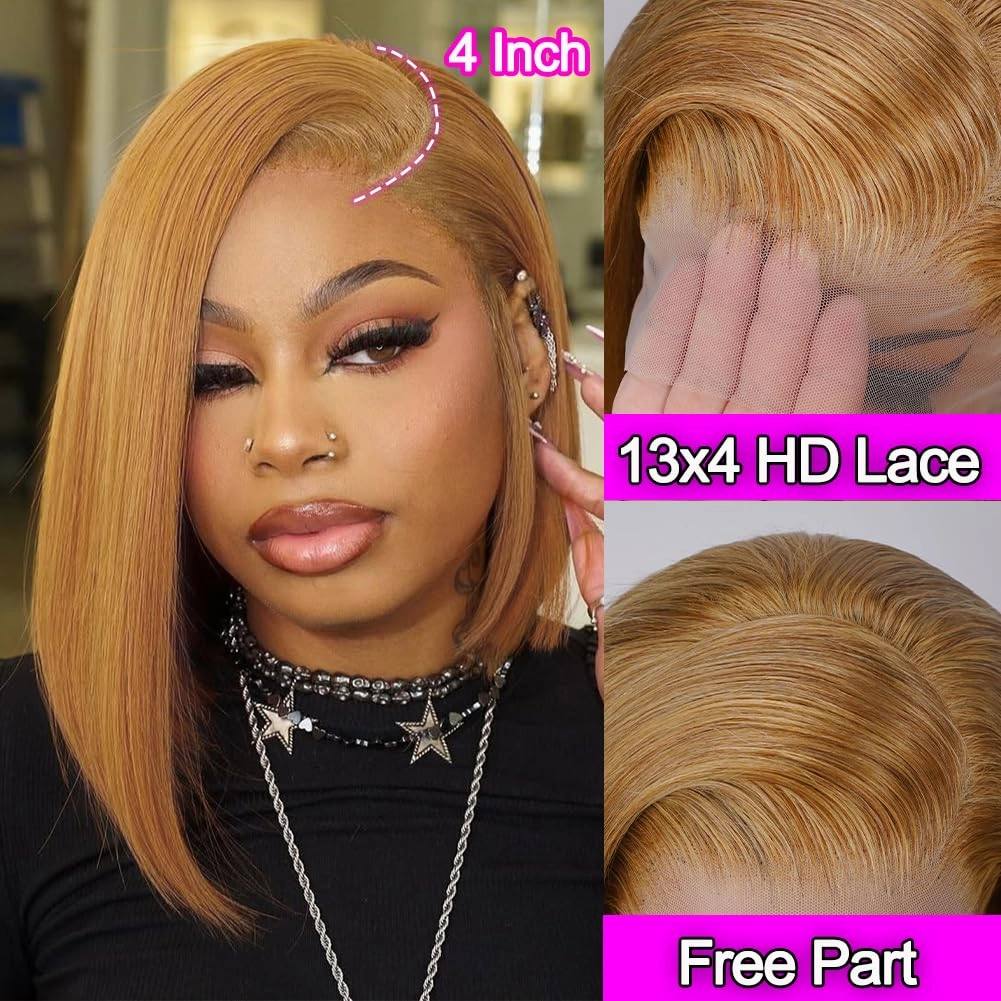 Honey Blonde Lace Front Bob Wig Human Hair Short Bob Wigs for Black Women 13x4 Bob Wigs Human Hair Pre Plucked Straight 27# Color 180 Density 14 Inch