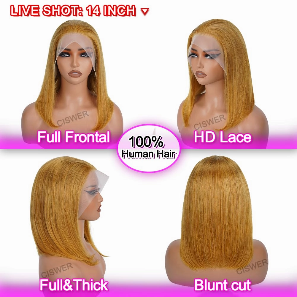 Honey Blonde Lace Front Bob Wig Human Hair Short Bob Wigs for Black Women 13x4 Bob Wigs Human Hair Pre Plucked Straight 27# Color 180 Density 14 Inch