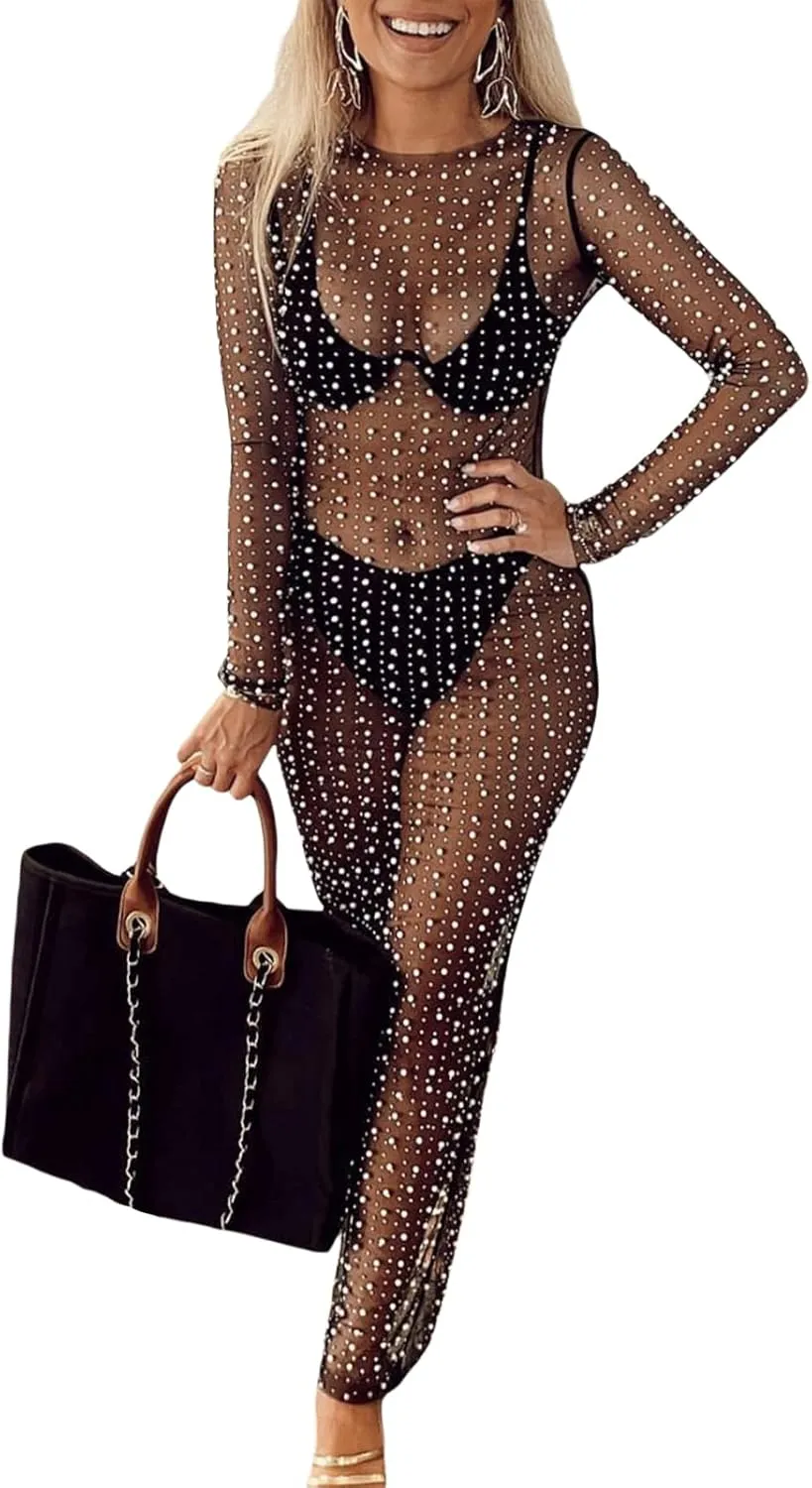 Honganda Sexy Women's Sheer Mesh Pearl Rhinestone Cover Up Dress Beach Swimwear Bikini Bathing Suit Coverups