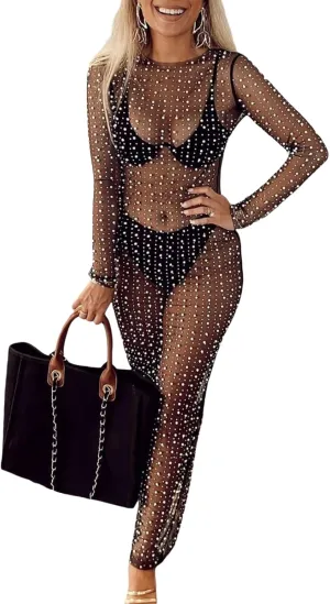 Honganda Sexy Women's Sheer Mesh Pearl Rhinestone Cover Up Dress Beach Swimwear Bikini Bathing Suit Coverups