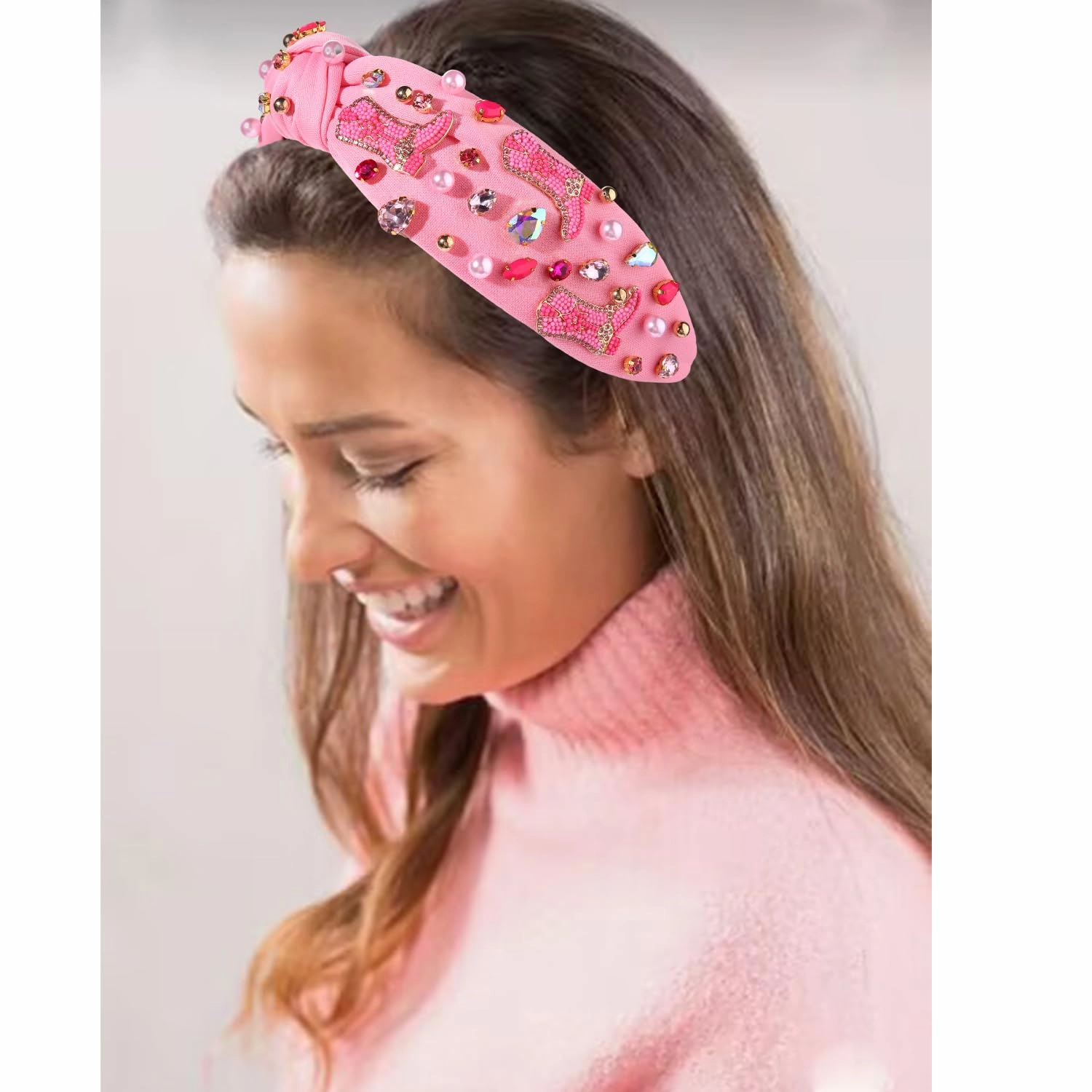 Hot Pink Knotted Headband Western Cowgirl Headband Accessories for Women Beaded Cowboy Boot Embellished Headband Rhinestone Crystal Pearl Top Knot Headband Rodeo Nashville Bachelorette Party Country Concert Outfit (Hot Pink Boot)