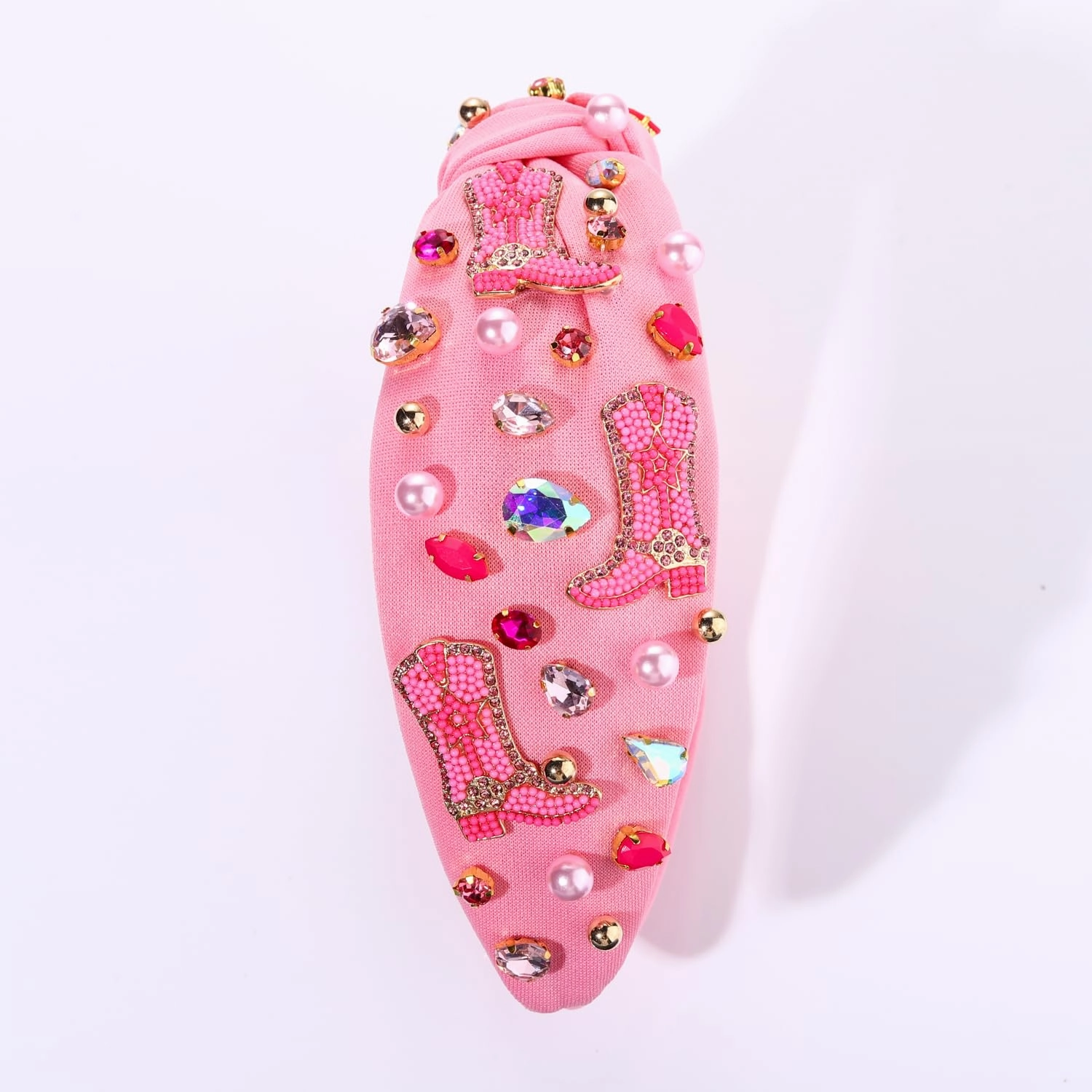 Hot Pink Knotted Headband Western Cowgirl Headband Accessories for Women Beaded Cowboy Boot Embellished Headband Rhinestone Crystal Pearl Top Knot Headband Rodeo Nashville Bachelorette Party Country Concert Outfit (Hot Pink Boot)