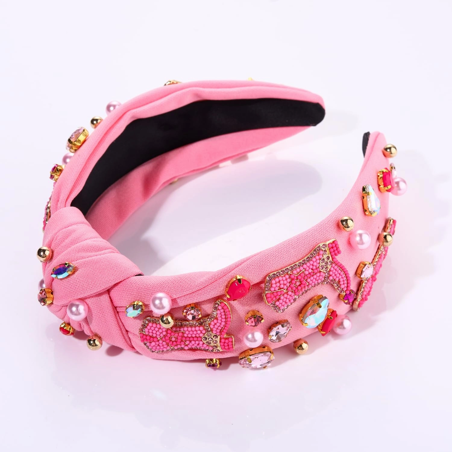 Hot Pink Knotted Headband Western Cowgirl Headband Accessories for Women Beaded Cowboy Boot Embellished Headband Rhinestone Crystal Pearl Top Knot Headband Rodeo Nashville Bachelorette Party Country Concert Outfit (Hot Pink Boot)