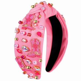 Hot Pink Knotted Headband Western Cowgirl Headband Accessories for Women Beaded Cowboy Boot Embellished Headband Rhinestone Crystal Pearl Top Knot Headband Rodeo Nashville Bachelorette Party Country Concert Outfit (Hot Pink Boot)