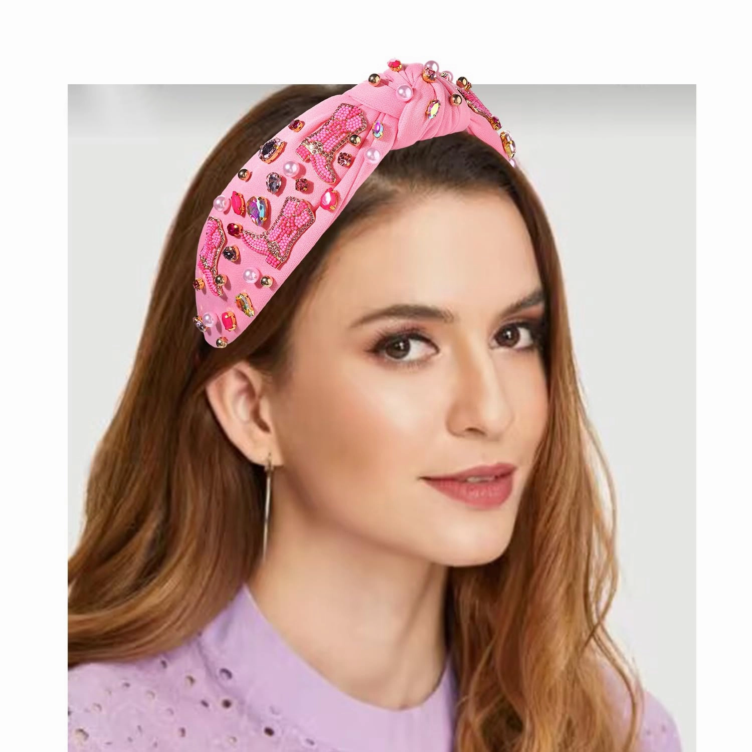 Hot Pink Knotted Headband Western Cowgirl Headband Accessories for Women Beaded Cowboy Boot Embellished Headband Rhinestone Crystal Pearl Top Knot Headband Rodeo Nashville Bachelorette Party Country Concert Outfit (Hot Pink Boot)