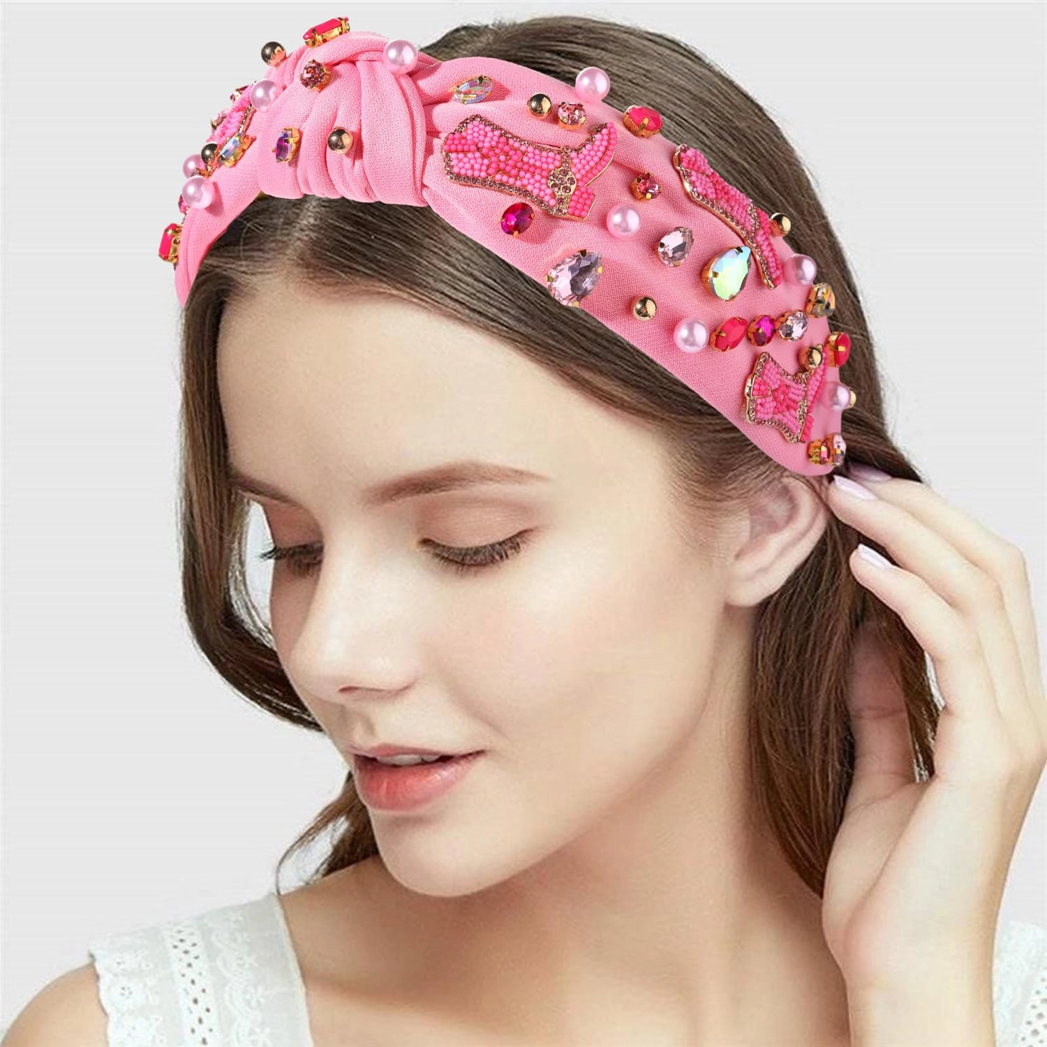 Hot Pink Knotted Headband Western Cowgirl Headband Accessories for Women Beaded Cowboy Boot Embellished Headband Rhinestone Crystal Pearl Top Knot Headband Rodeo Nashville Bachelorette Party Country Concert Outfit (Hot Pink Boot)