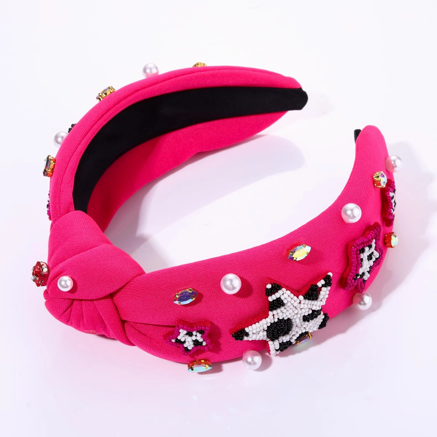 Hot Pink Knotted Headband Western Cowgirl Headband Accessories for Women Beaded Cowboy Boot Embellished Headband Rhinestone Crystal Pearl Top Knot Headband Rodeo Nashville Bachelorette Party Country Concert Outfit (Hot Pink Star)
