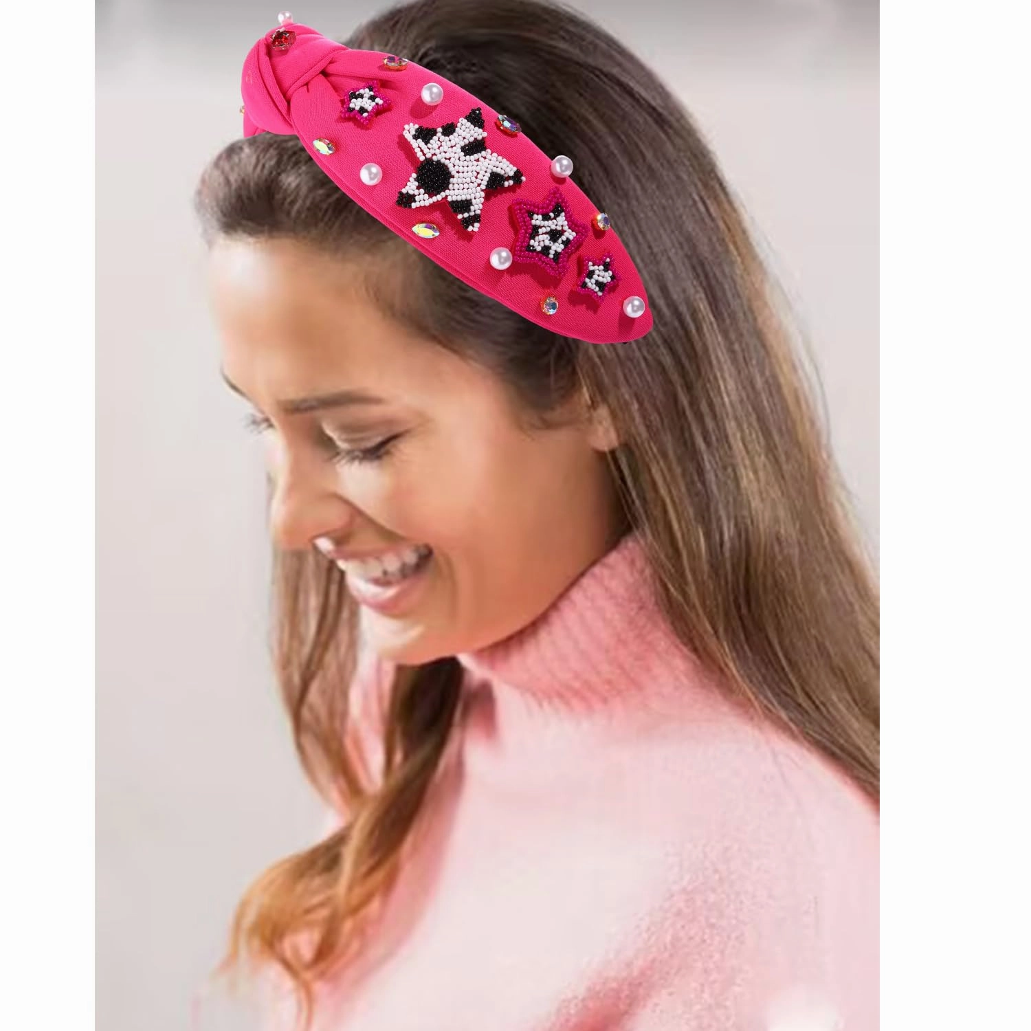 Hot Pink Knotted Headband Western Cowgirl Headband Accessories for Women Beaded Cowboy Boot Embellished Headband Rhinestone Crystal Pearl Top Knot Headband Rodeo Nashville Bachelorette Party Country Concert Outfit (Hot Pink Star)