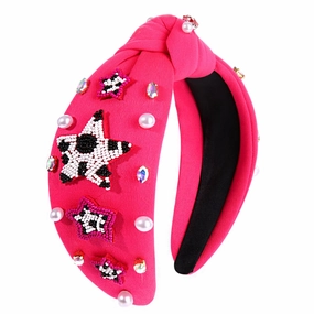 Hot Pink Knotted Headband Western Cowgirl Headband Accessories for Women Beaded Cowboy Boot Embellished Headband Rhinestone Crystal Pearl Top Knot Headband Rodeo Nashville Bachelorette Party Country Concert Outfit (Hot Pink Star)