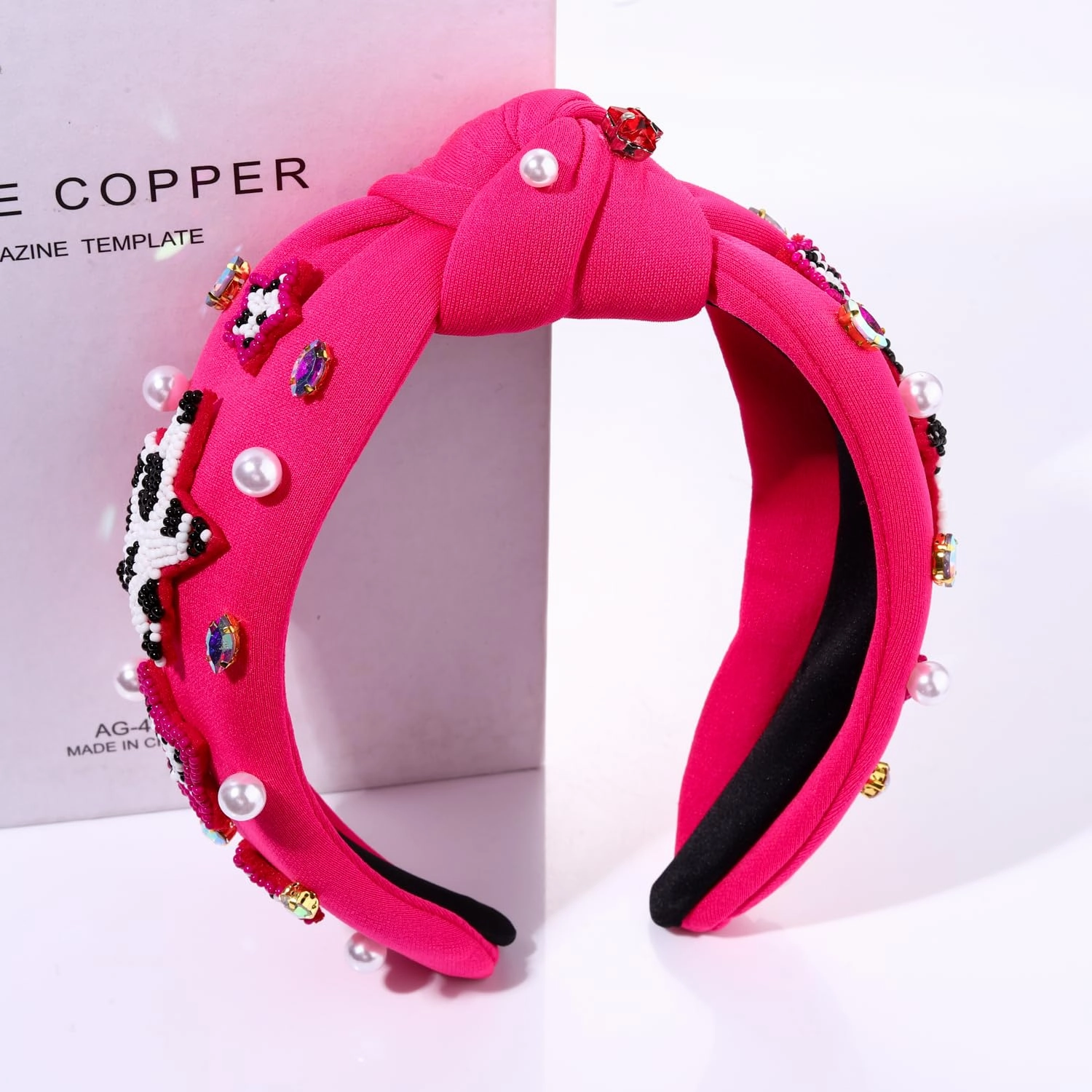 Hot Pink Knotted Headband Western Cowgirl Headband Accessories for Women Beaded Cowboy Boot Embellished Headband Rhinestone Crystal Pearl Top Knot Headband Rodeo Nashville Bachelorette Party Country Concert Outfit (Hot Pink Star)