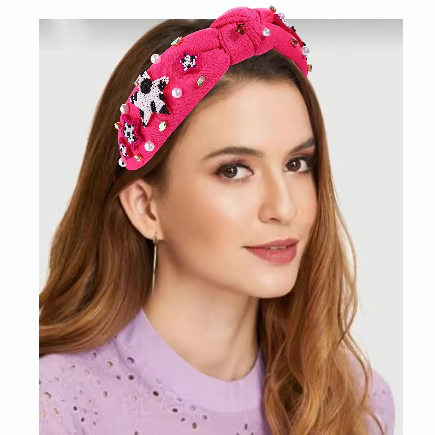 Hot Pink Knotted Headband Western Cowgirl Headband Accessories for Women Beaded Cowboy Boot Embellished Headband Rhinestone Crystal Pearl Top Knot Headband Rodeo Nashville Bachelorette Party Country Concert Outfit (Hot Pink Star)
