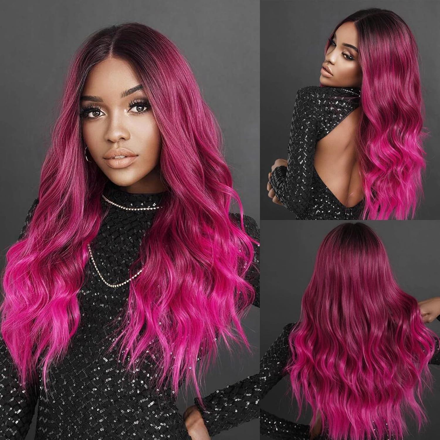 Hot Pink Wigs for Women, Long Ombre Pink Wavy Middle Part Soft Synthetic Fiber Wig for Cosplay Daily Party Use 24 Inch