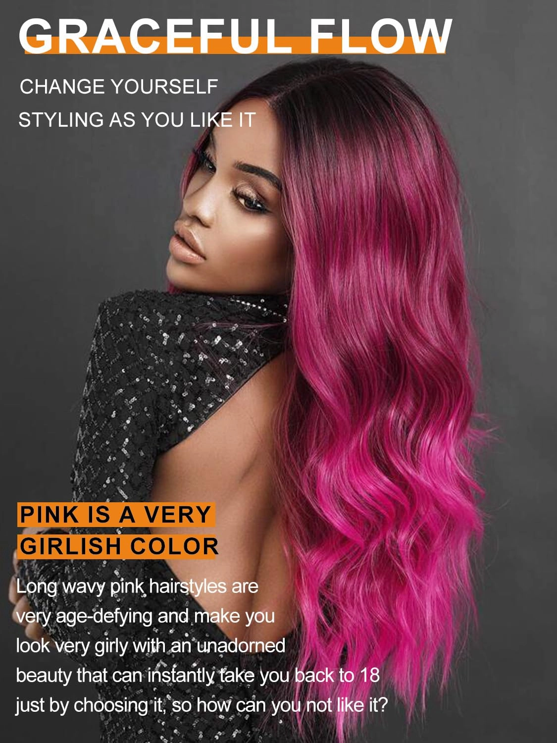 Hot Pink Wigs for Women, Long Ombre Pink Wavy Middle Part Soft Synthetic Fiber Wig for Cosplay Daily Party Use 24 Inch
