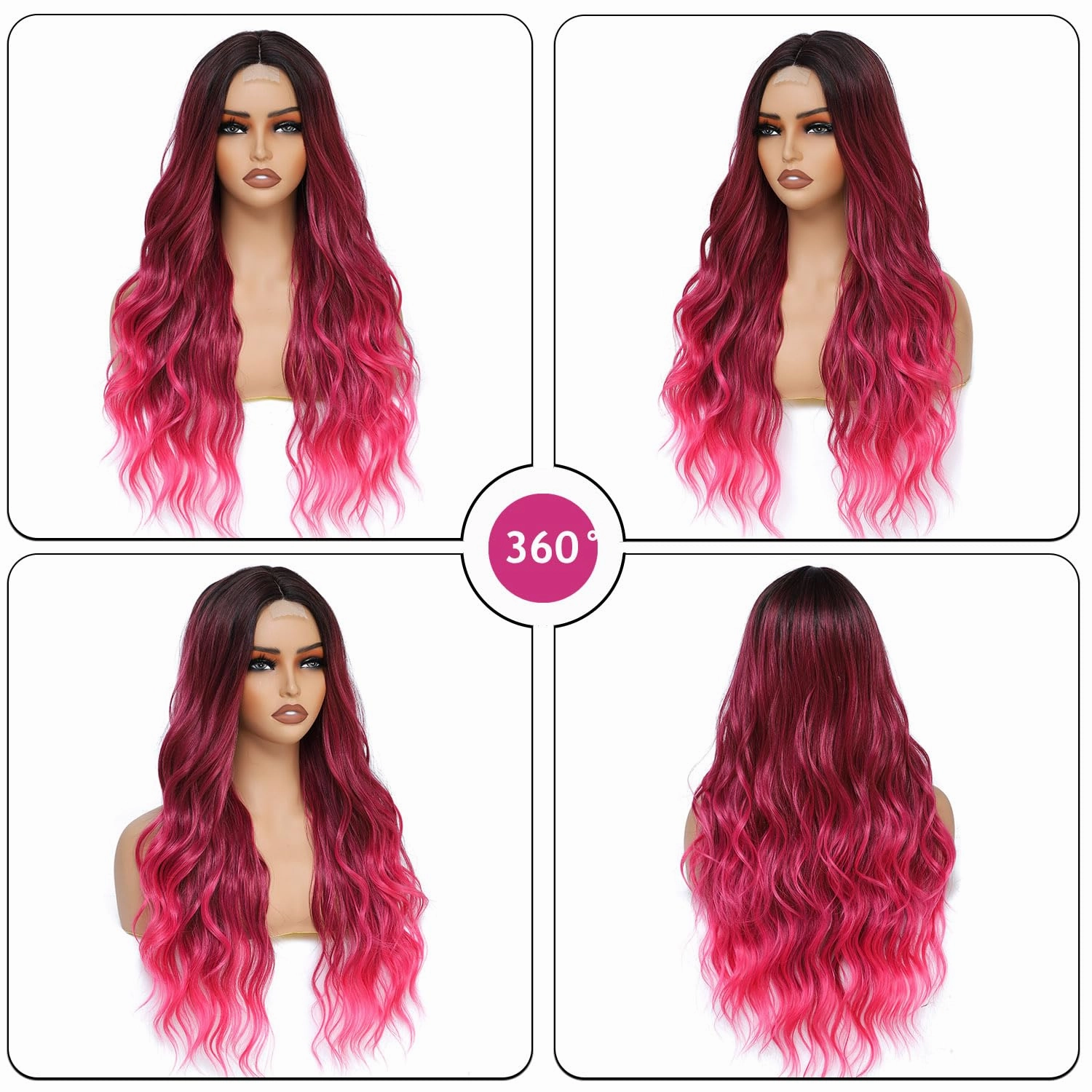 Hot Pink Wigs for Women, Long Ombre Pink Wavy Middle Part Soft Synthetic Fiber Wig for Cosplay Daily Party Use 24 Inch