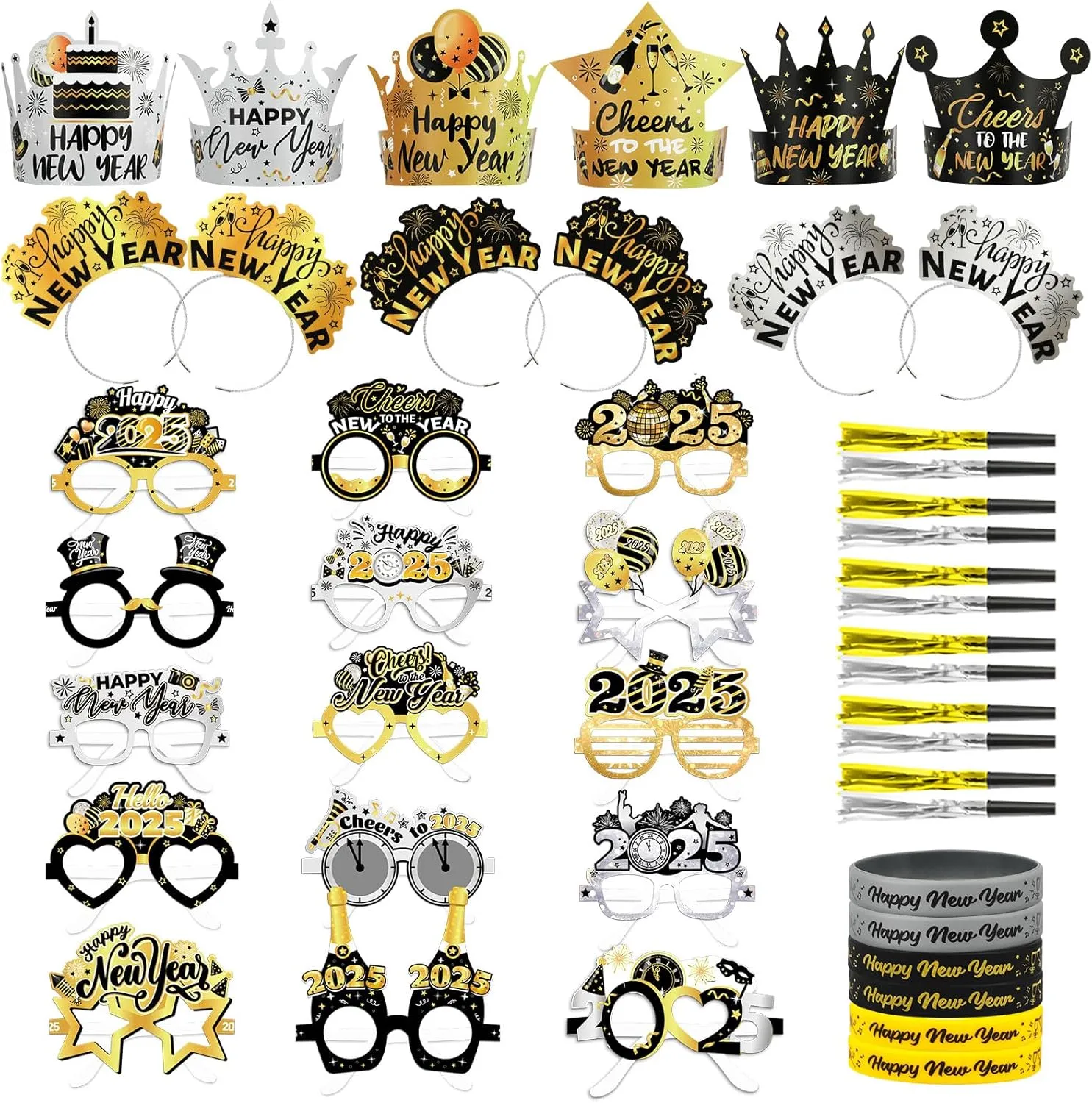 HOWAF New Years Eve Party Supplies 2025 NYE Party Favors Kit, 45pcs Black Gold Silver Happy New Year 2025 Glasses and Happy New Year Headband New Years Eve Hats Noisemaker for NYE Decorations 2025