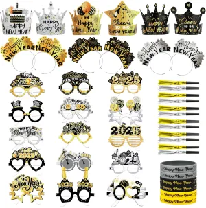 HOWAF New Years Eve Party Supplies 2025 NYE Party Favors Kit, 45pcs Black Gold Silver Happy New Year 2025 Glasses and Happy New Year Headband New Years Eve Hats Noisemaker for NYE Decorations 2025
